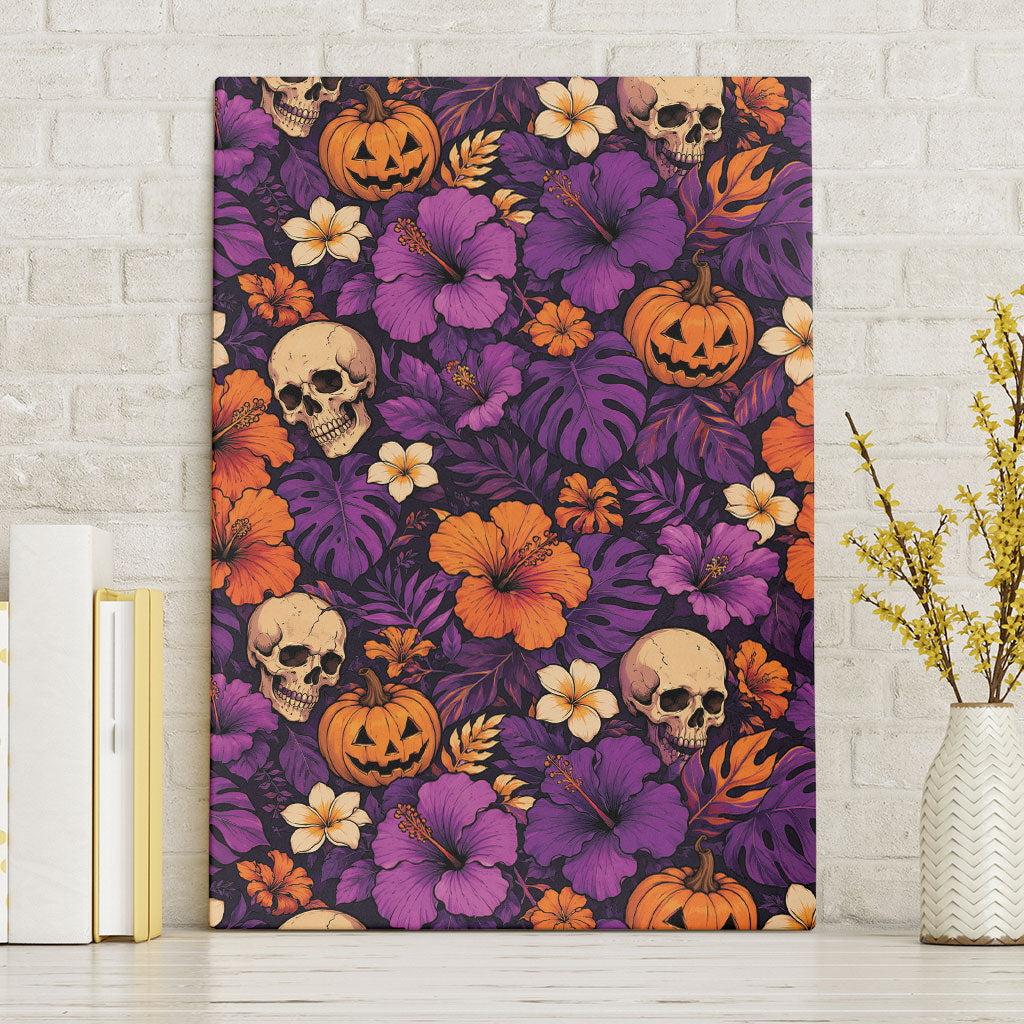 Hawaii Halloween Canvas Wall Art Skeleton Pumpkin Hawaiian Flower Tribal DT05 Without Frame Purple - Polynesian Pride