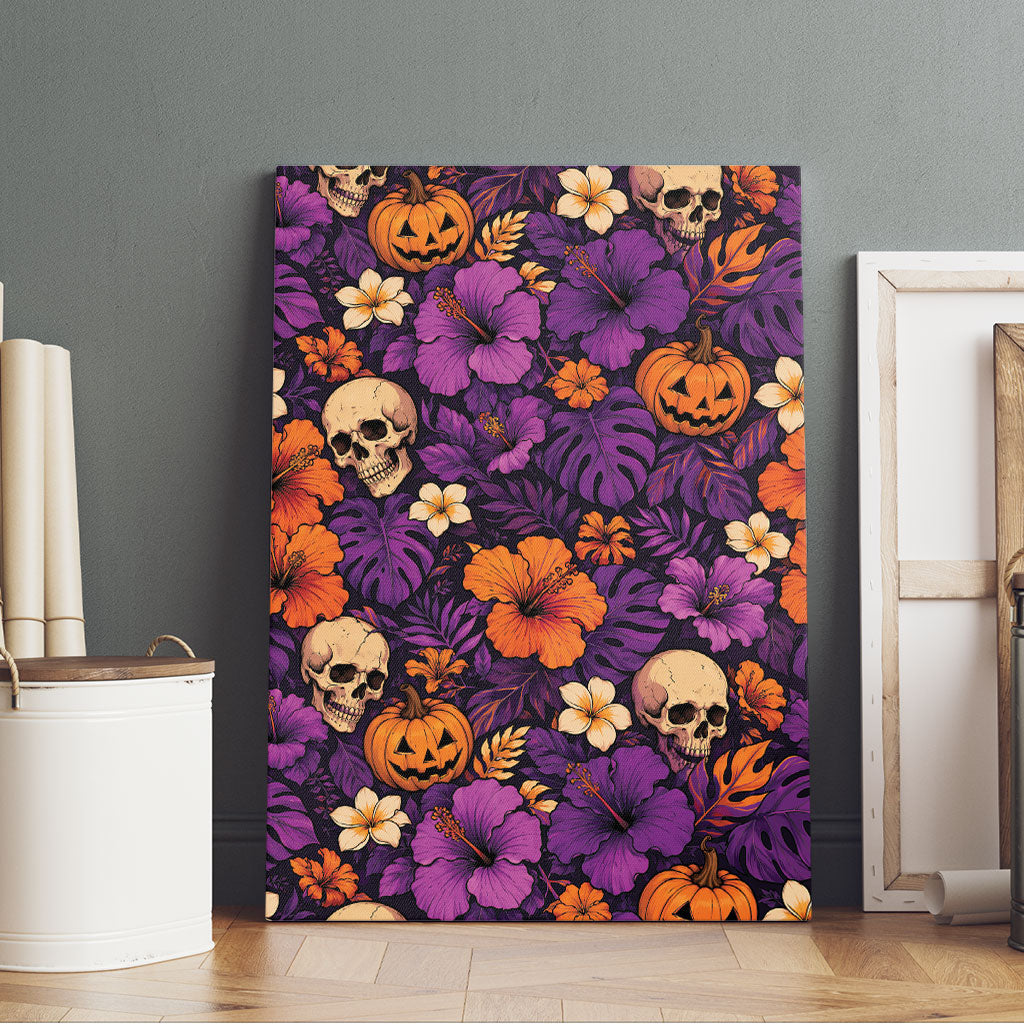 Hawaii Halloween Canvas Wall Art Skeleton Pumpkin Hawaiian Flower Tribal DT05 - Polynesian Pride