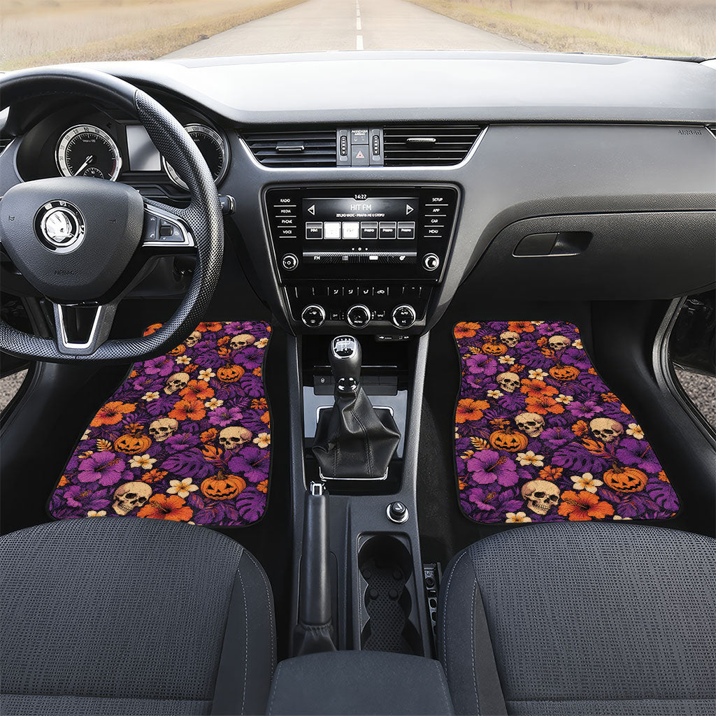 Hawaii Halloween Car Mats Skeleton Pumpkin Hawaiian Flower Tribal DT05 Set 2pcs - Front Purple - Polynesian Pride
