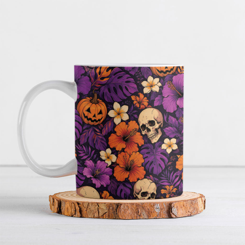 Hawaii Halloween Ceramic Mug Skeleton Pumpkin Hawaiian Flower Tribal DT05 Purple - Polynesian Pride