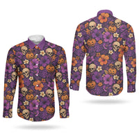 Hawaii Halloween Couples Matching Puletasi and Long Sleeve Button Shirt Skeleton Pumpkin Hawaiian Flower Tribal DT05 - Polynesian Pride