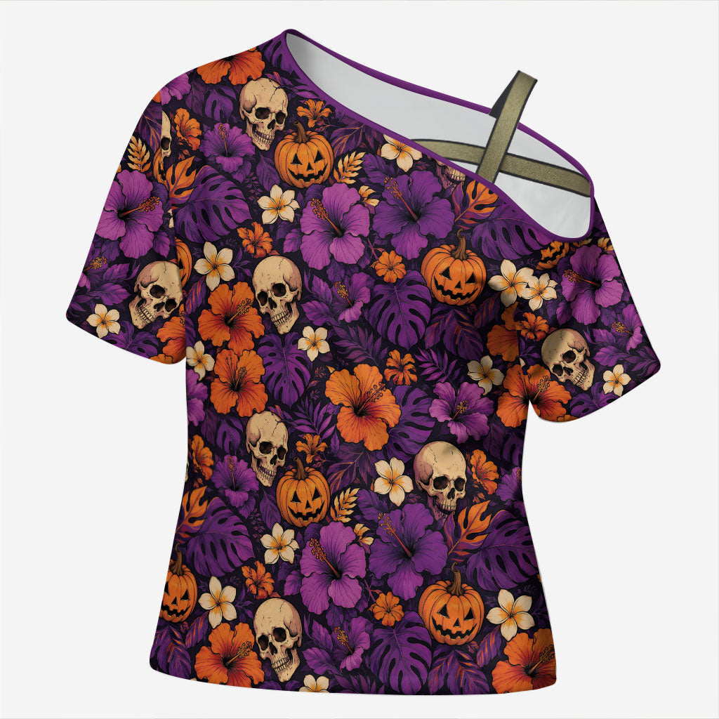 Hawaii Halloween Cross Shoulder Shirt Skeleton Pumpkin Hawaiian Flower Tribal DT05 Female Purple - Polynesian Pride