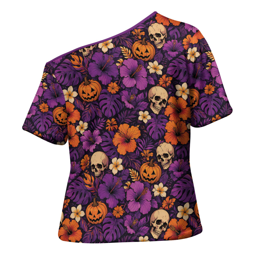 Hawaii Halloween Cross Shoulder Shirt Skeleton Pumpkin Hawaiian Flower Tribal DT05 - Polynesian Pride