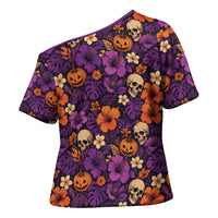 Hawaii Halloween Cross Shoulder Shirt Skeleton Pumpkin Hawaiian Flower Tribal DT05 - Polynesian Pride