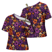 Hawaii Halloween Cross Shoulder Shirt Skeleton Pumpkin Hawaiian Flower Tribal DT05 - Polynesian Pride