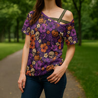 Hawaii Halloween Cross Shoulder Shirt Skeleton Pumpkin Hawaiian Flower Tribal DT05 - Polynesian Pride