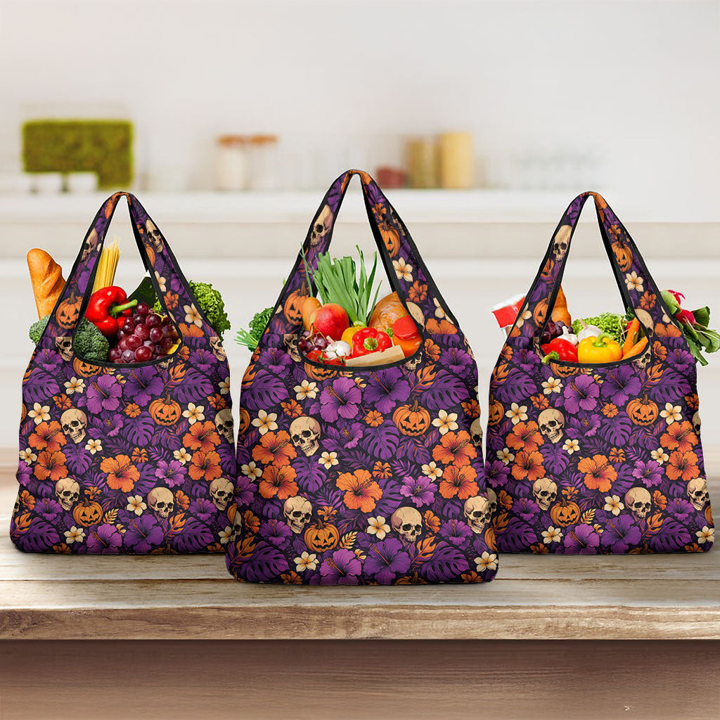 Hawaii Halloween Grocery Bag Skeleton Pumpkin Hawaiian Flower Tribal DT05 3-pack One Size Purple - Polynesian Pride