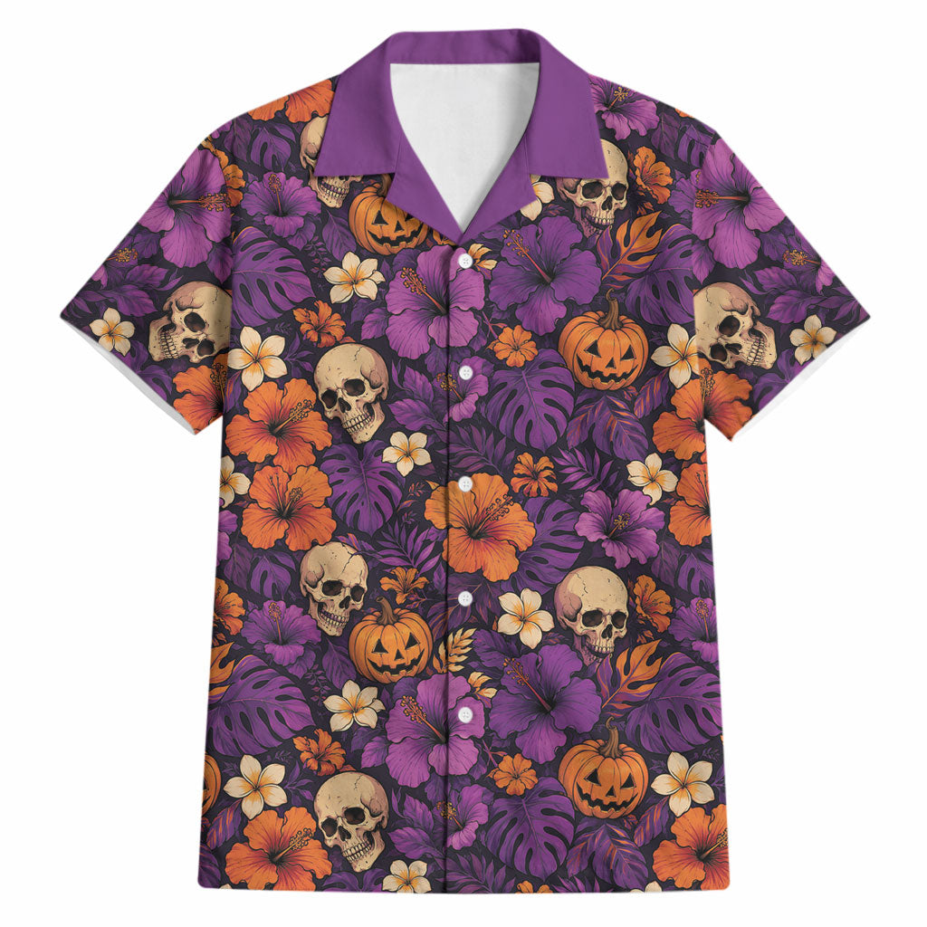 Hawaii Halloween Hawaiian Shirt Skeleton Pumpkin Hawaiian Flower Tribal DT05 Purple - Polynesian Pride