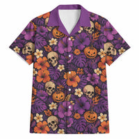 Hawaii Halloween Hawaiian Shirt Skeleton Pumpkin Hawaiian Flower Tribal DT05 Purple - Polynesian Pride
