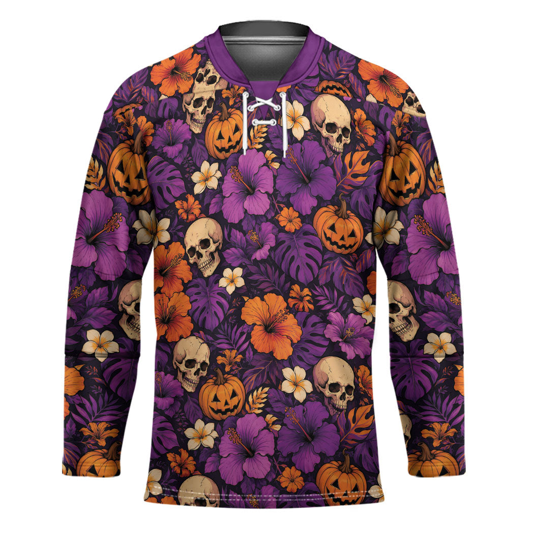 Hawaii Halloween Hockey Jersey Skeleton Pumpkin Hawaiian Flower Tribal DT05 Unisex Purple - Polynesian Pride