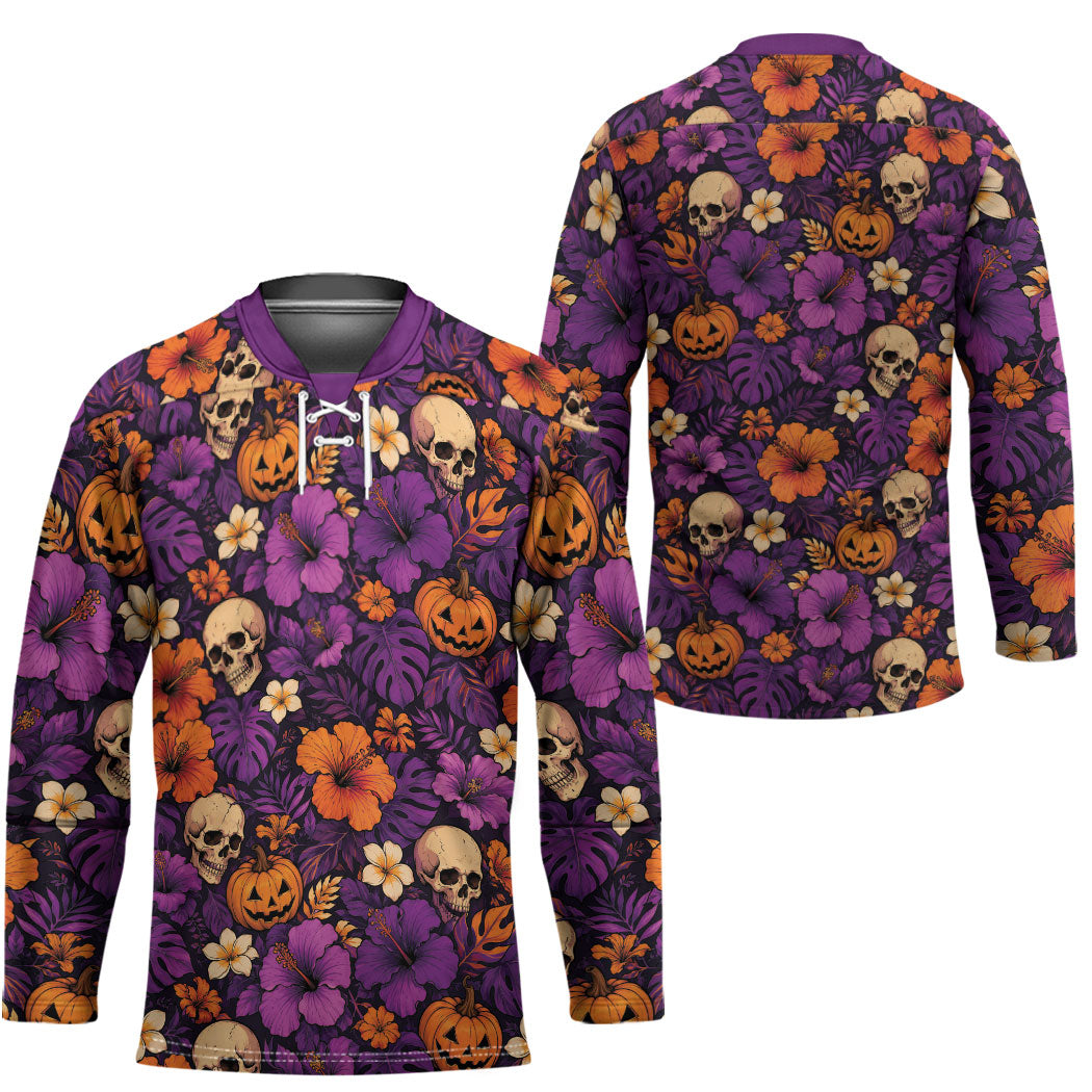 Hawaii Halloween Hockey Jersey Skeleton Pumpkin Hawaiian Flower Tribal DT05 - Polynesian Pride