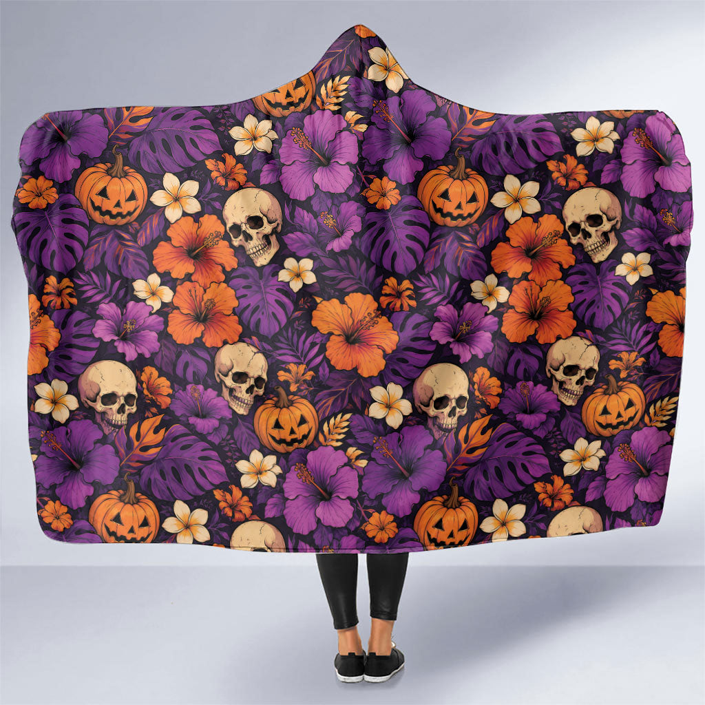 Hawaii Halloween Hooded Blanket Skeleton Pumpkin Hawaiian Flower Tribal DT05 One Size Purple - Polynesian Pride