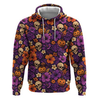 Hawaii Halloween Hoodie Skeleton Pumpkin Hawaiian Flower Tribal DT05 Pullover Hoodie Purple - Polynesian Pride