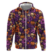 Hawaii Halloween Hoodie Skeleton Pumpkin Hawaiian Flower Tribal DT05 Zip Hoodie Purple - Polynesian Pride
