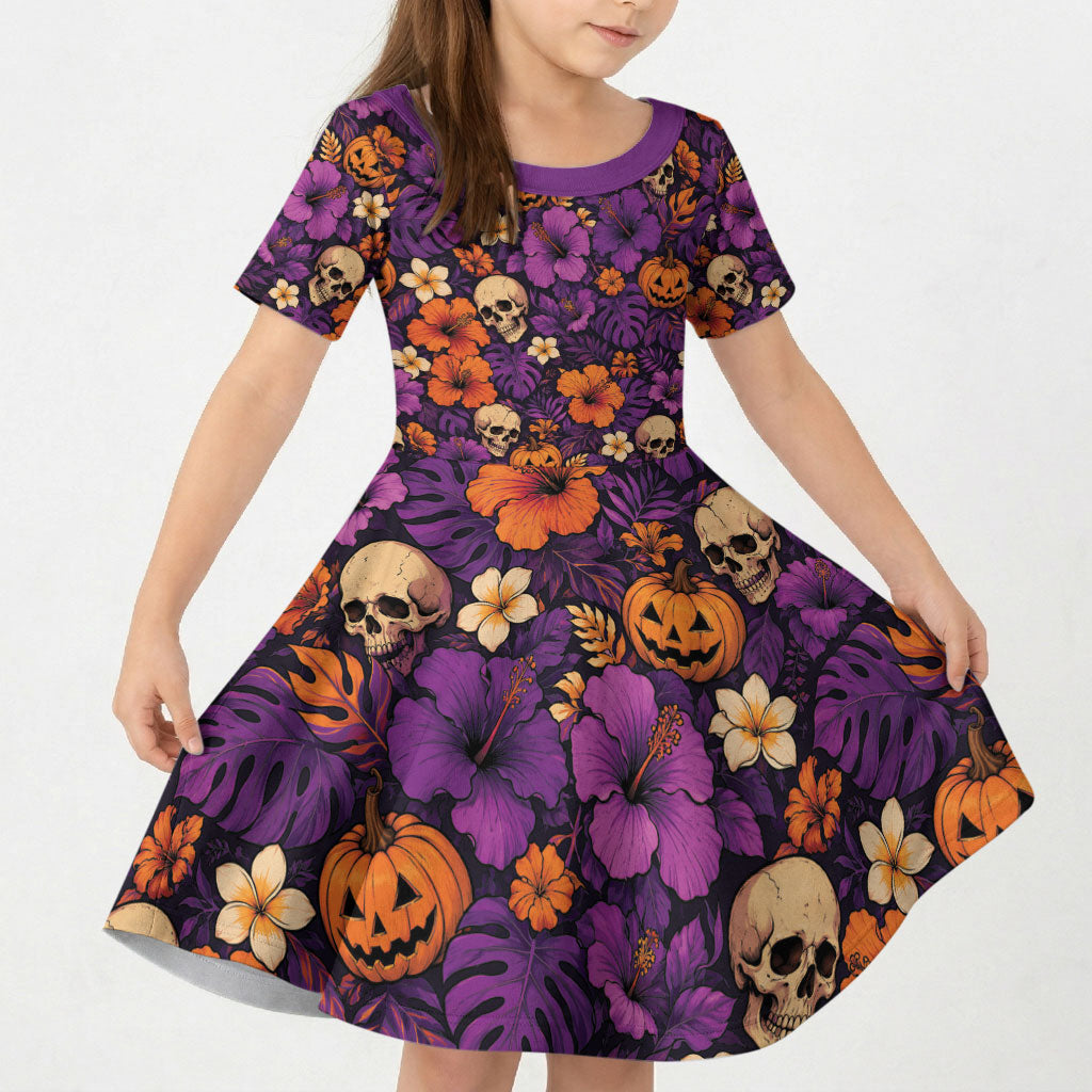 Hawaii Halloween Kid Short Sleeve Dress Skeleton Pumpkin Hawaiian Flower Tribal DT05 KID Purple - Polynesian Pride
