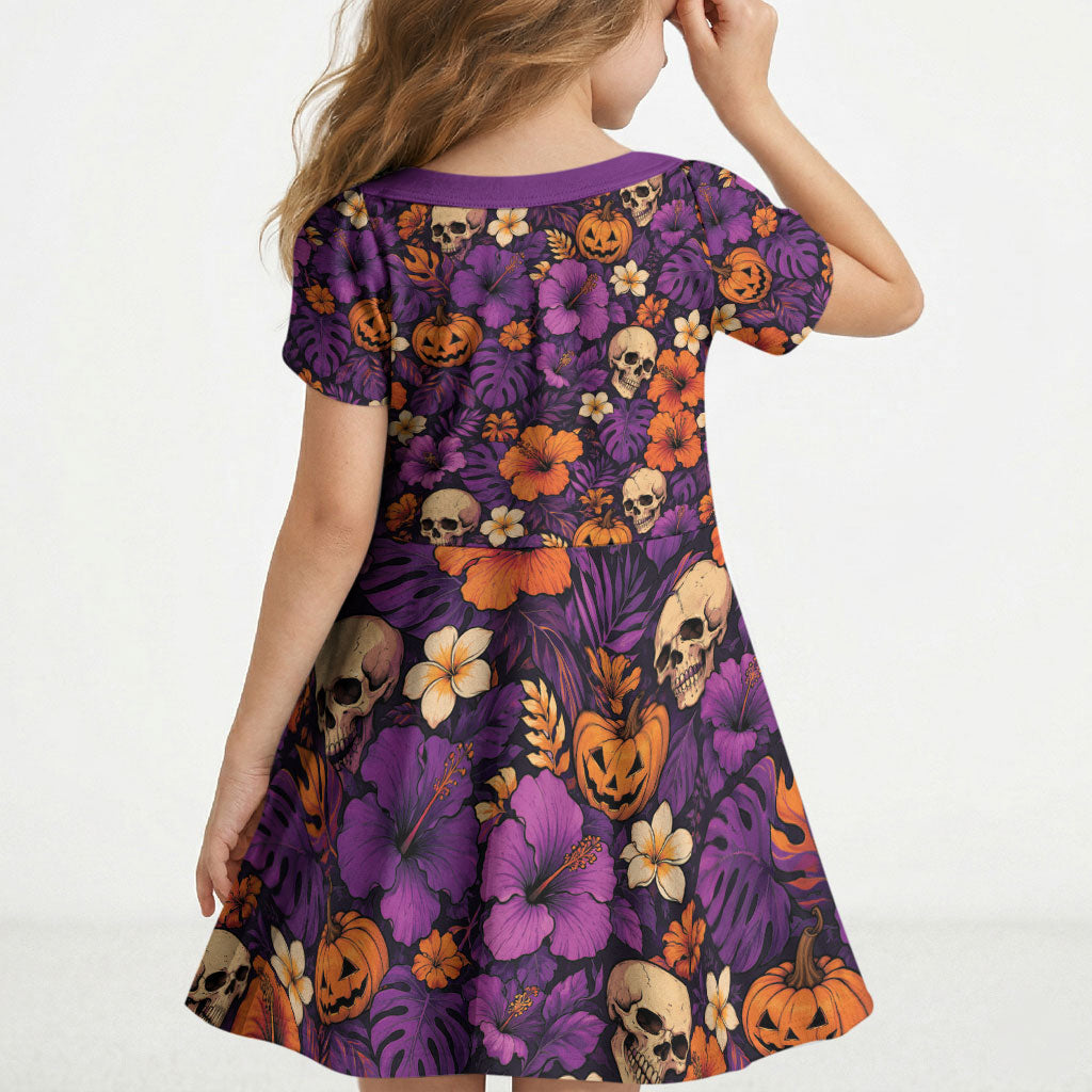 Hawaii Halloween Kid Short Sleeve Dress Skeleton Pumpkin Hawaiian Flower Tribal DT05 - Polynesian Pride