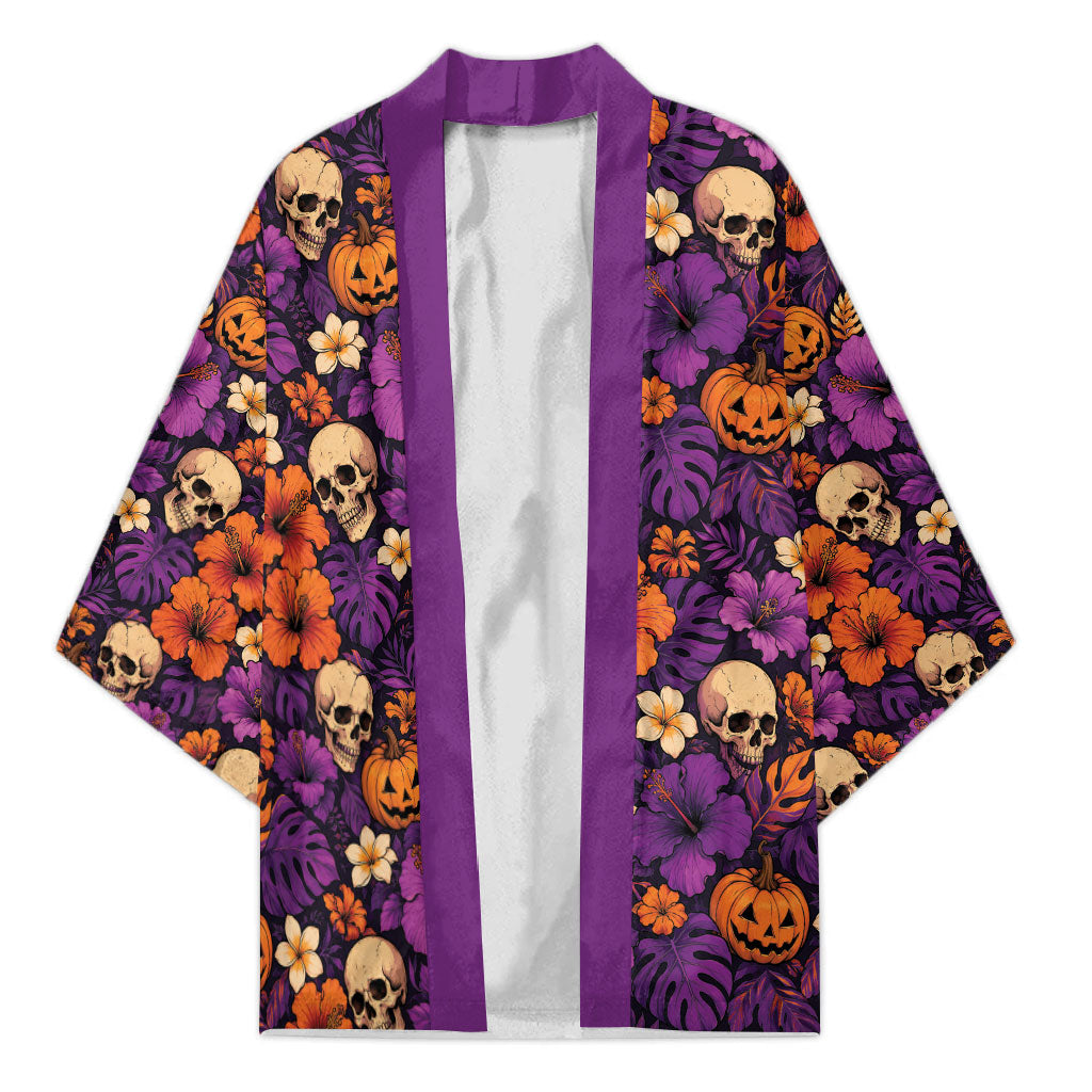 Hawaii Halloween Kimono Skeleton Pumpkin Hawaiian Flower Tribal DT05 Unisex Purple - Polynesian Pride