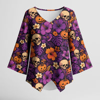 Hawaii Halloween Kimono Sleeve Blouse Skeleton Pumpkin Hawaiian Flower Tribal DT05 Female Purple - Polynesian Pride