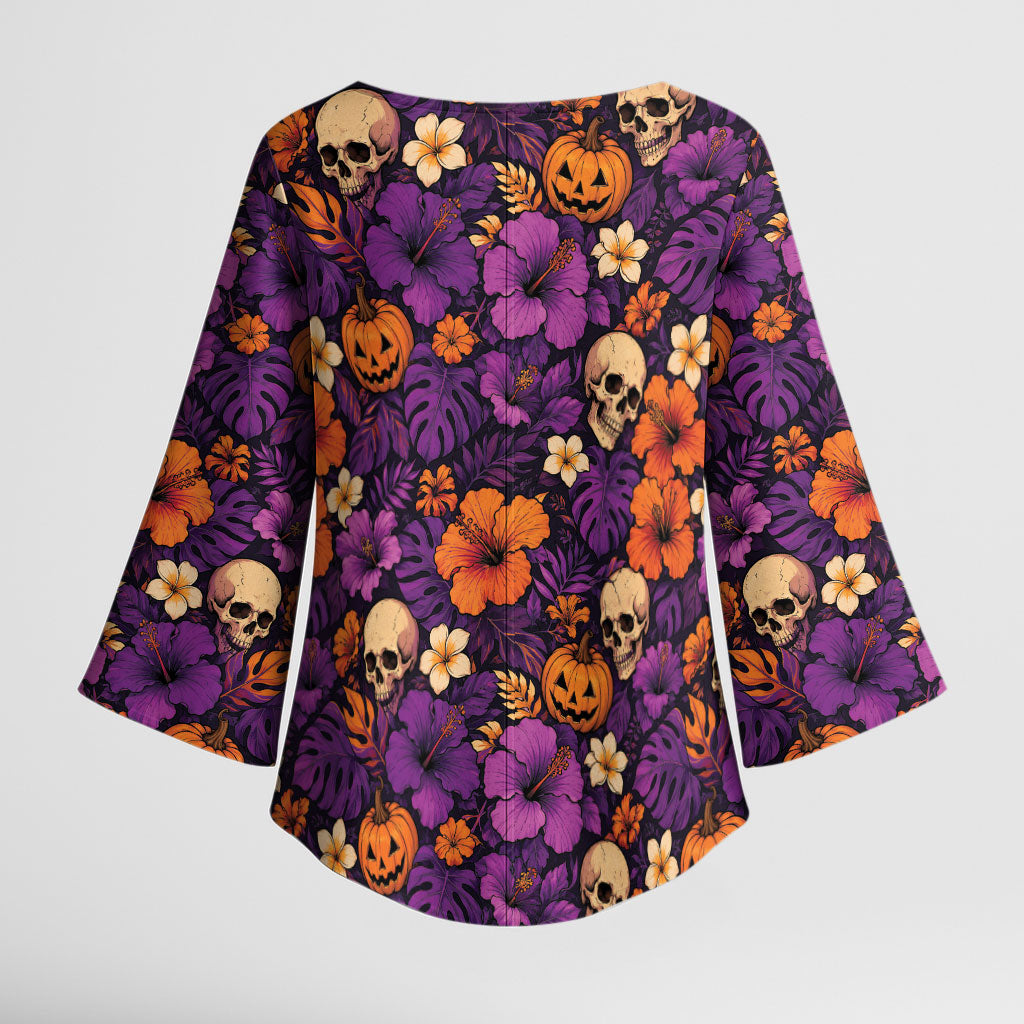 Hawaii Halloween Kimono Sleeve Blouse Skeleton Pumpkin Hawaiian Flower Tribal DT05 - Polynesian Pride