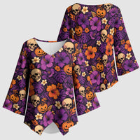 Hawaii Halloween Kimono Sleeve Blouse Skeleton Pumpkin Hawaiian Flower Tribal DT05 - Polynesian Pride
