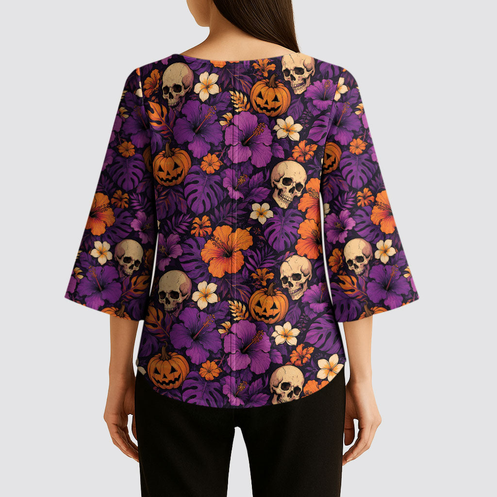 Hawaii Halloween Kimono Sleeve Blouse Skeleton Pumpkin Hawaiian Flower Tribal DT05 - Polynesian Pride