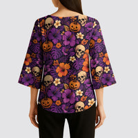 Hawaii Halloween Kimono Sleeve Blouse Skeleton Pumpkin Hawaiian Flower Tribal DT05 - Polynesian Pride