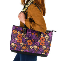 Hawaii Halloween Leather Tote Bag Skeleton Pumpkin Hawaiian Flower Tribal DT05 Purple - Polynesian Pride