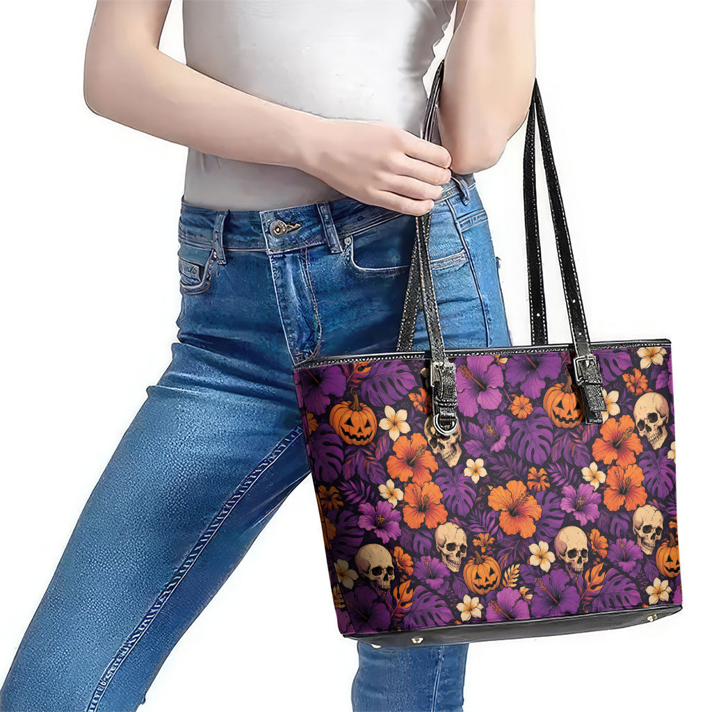 Hawaii Halloween Leather Tote Bag Skeleton Pumpkin Hawaiian Flower Tribal DT05 - Polynesian Pride