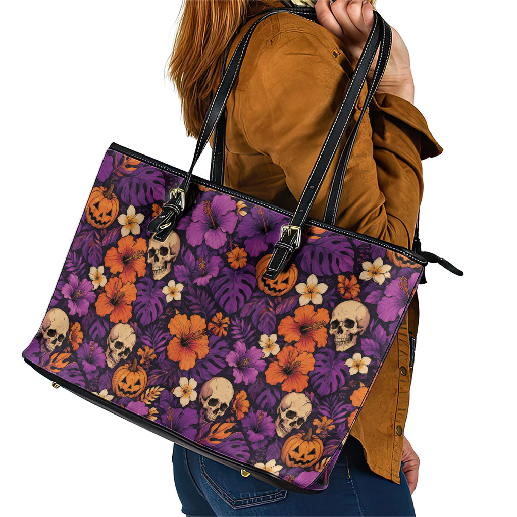 Hawaii Halloween Leather Tote Bag Skeleton Pumpkin Hawaiian Flower Tribal DT05 - Polynesian Pride