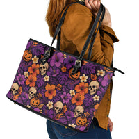 Hawaii Halloween Leather Tote Bag Skeleton Pumpkin Hawaiian Flower Tribal DT05 - Polynesian Pride