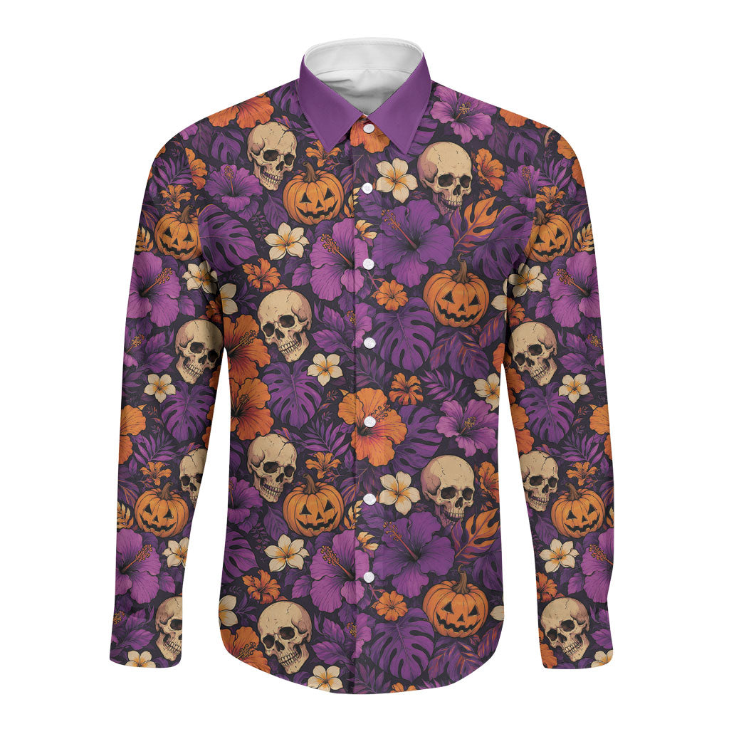 Hawaii Halloween Long Sleeve Button Shirt Skeleton Pumpkin Hawaiian Flower Tribal DT05 Unisex Purple - Polynesian Pride