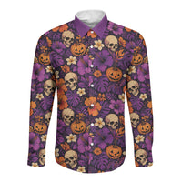 Hawaii Halloween Long Sleeve Button Shirt Skeleton Pumpkin Hawaiian Flower Tribal DT05 Unisex Purple - Polynesian Pride