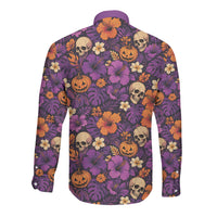 Hawaii Halloween Long Sleeve Button Shirt Skeleton Pumpkin Hawaiian Flower Tribal DT05 - Polynesian Pride