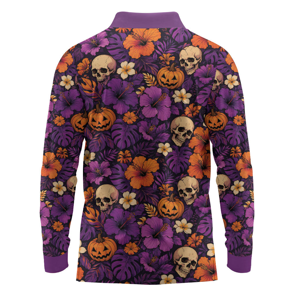 Hawaii Halloween Long Sleeve Polo Shirt Skeleton Pumpkin Hawaiian Flower Tribal DT05 - Polynesian Pride