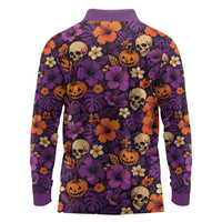 Hawaii Halloween Long Sleeve Polo Shirt Skeleton Pumpkin Hawaiian Flower Tribal DT05 - Polynesian Pride
