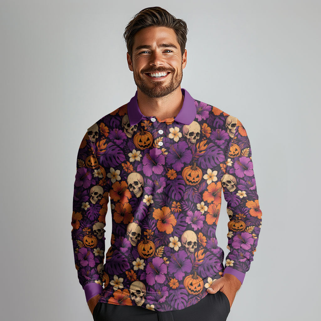 Hawaii Halloween Long Sleeve Polo Shirt Skeleton Pumpkin Hawaiian Flower Tribal DT05 - Polynesian Pride