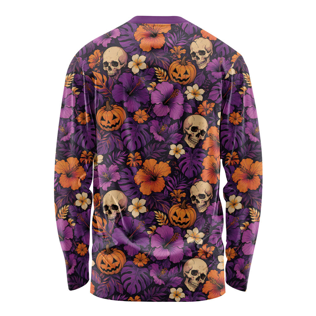 Hawaii Halloween Long Sleeve Shirt Skeleton Pumpkin Hawaiian Flower Tribal DT05 - Polynesian Pride