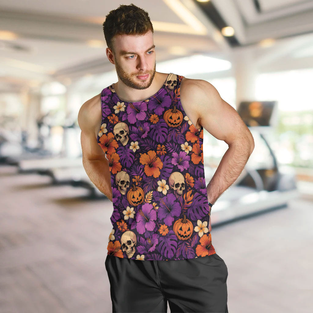 Hawaii Halloween Men Tank Top Skeleton Pumpkin Hawaiian Flower Tribal DT05 Purple - Polynesian Pride