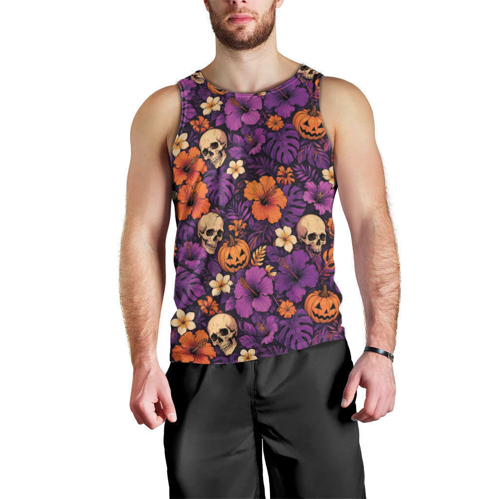 Hawaii Halloween Men Tank Top Skeleton Pumpkin Hawaiian Flower Tribal DT05 - Polynesian Pride