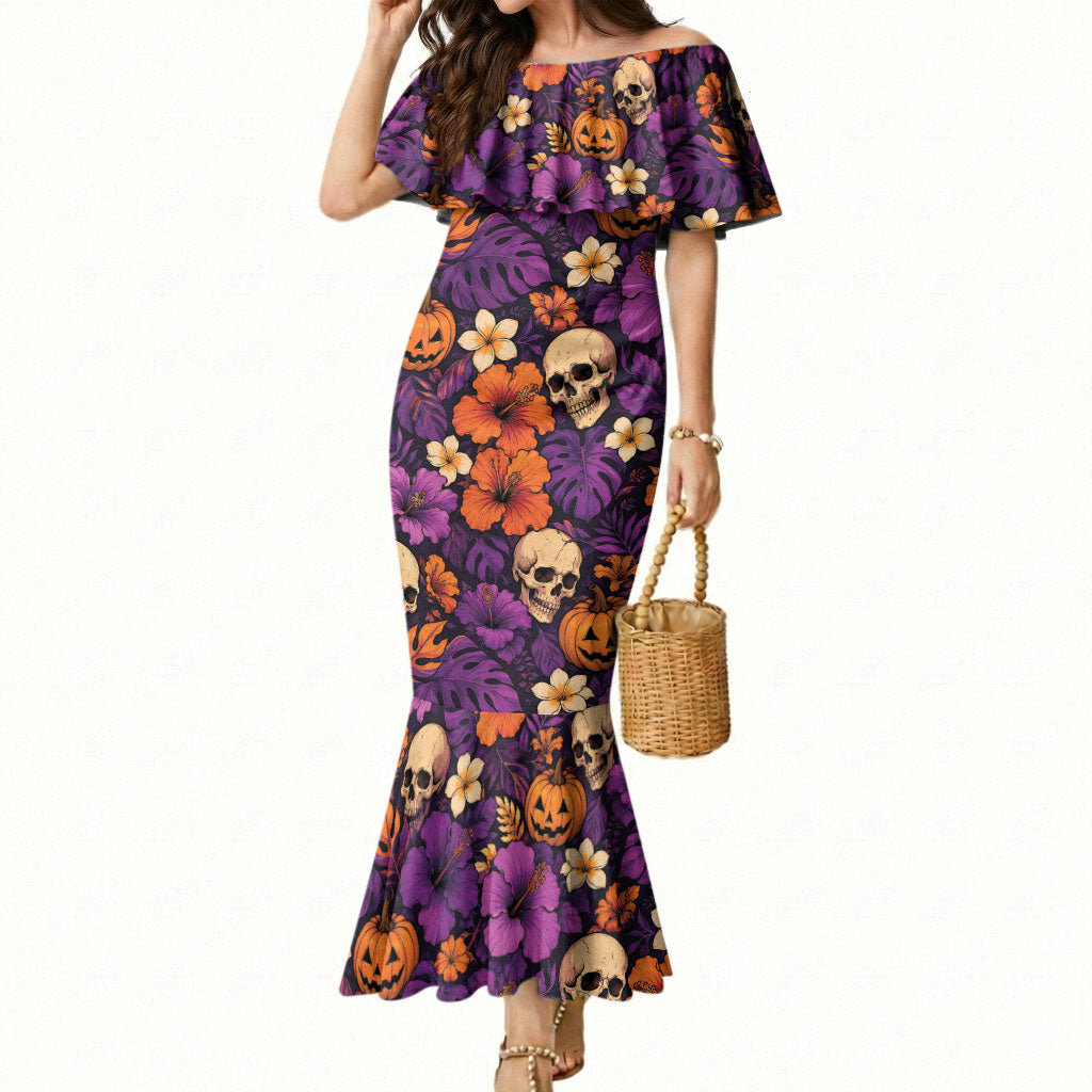 Hawaii Halloween Mermaid Dress Skeleton Pumpkin Hawaiian Flower Tribal DT05 Women Purple - Polynesian Pride