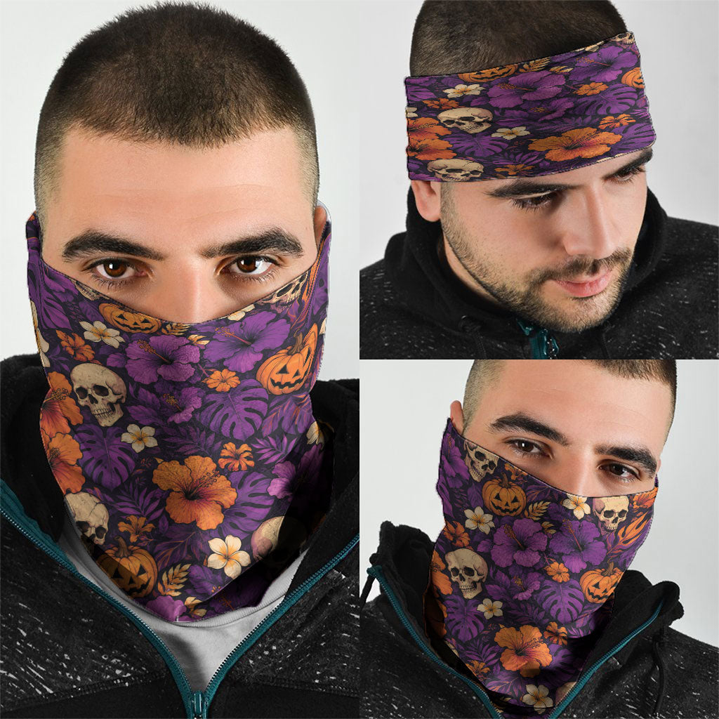 Hawaii Halloween Neck Gaiter Skeleton Pumpkin Hawaiian Flower Tribal DT05 - Polynesian Pride