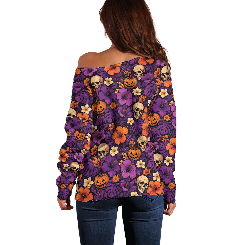Hawaii Halloween Off Shoulder Sweater Skeleton Pumpkin Hawaiian Flower Tribal DT05 - Polynesian Pride