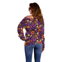 Hawaii Halloween Off Shoulder Sweater Skeleton Pumpkin Hawaiian Flower Tribal DT05 - Polynesian Pride