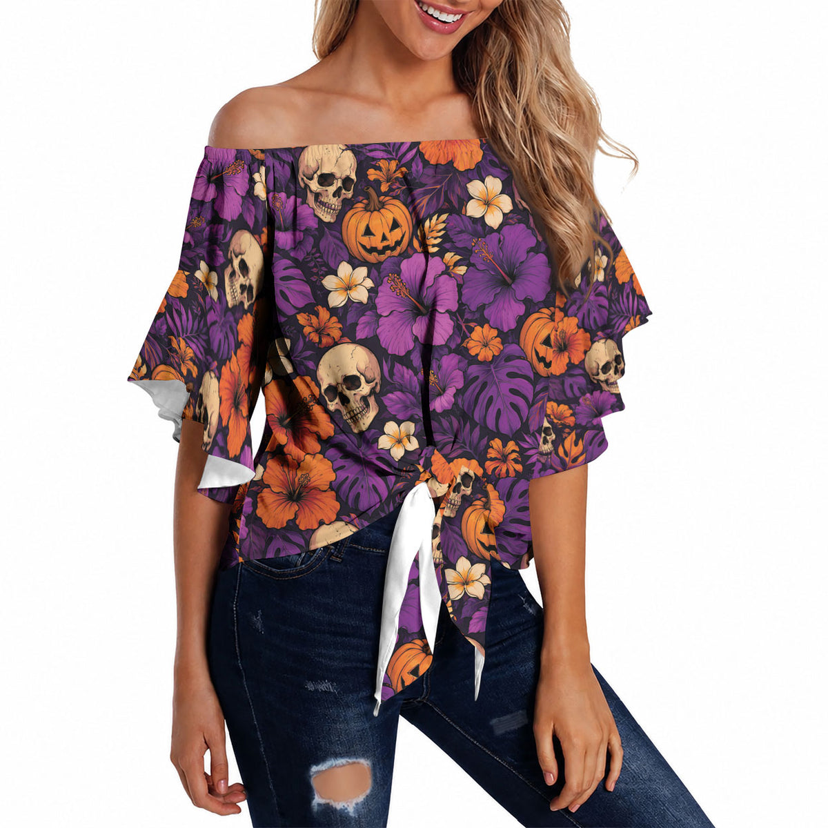 Hawaii Halloween Off Shoulder Wrap Waist Top Skeleton Pumpkin Hawaiian Flower Tribal DT05 Purple - Polynesian Pride