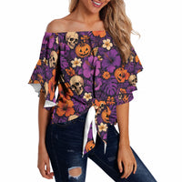 Hawaii Halloween Off Shoulder Wrap Waist Top Skeleton Pumpkin Hawaiian Flower Tribal DT05 Purple - Polynesian Pride