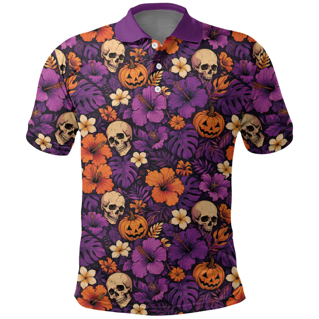 Hawaii Halloween Polo Shirt Skeleton Pumpkin Hawaiian Flower Tribal DT05 Purple - Polynesian Pride