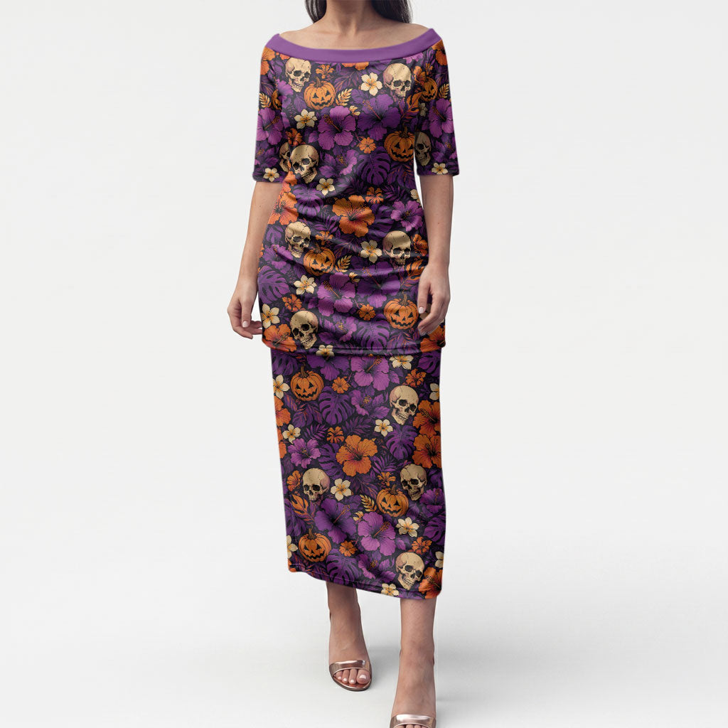 Hawaii Halloween Puletasi Skeleton Pumpkin Hawaiian Flower Tribal DT05 Long Dress Purple - Polynesian Pride