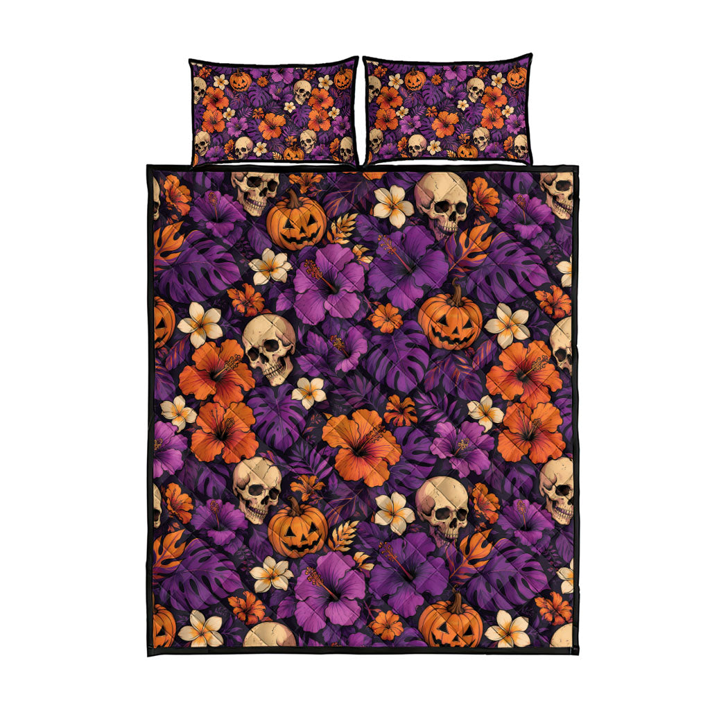 Hawaii Halloween Quilt Bed Set Skeleton Pumpkin Hawaiian Flower Tribal DT05 - Polynesian Pride