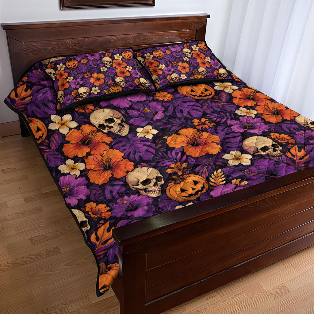 Hawaii Halloween Quilt Bed Set Skeleton Pumpkin Hawaiian Flower Tribal DT05 - Polynesian Pride