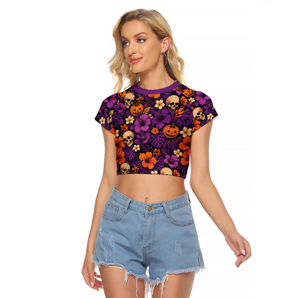 Hawaii Halloween Raglan Cropped T Shirt Skeleton Pumpkin Hawaiian Flower Tribal DT05 Female Purple - Polynesian Pride